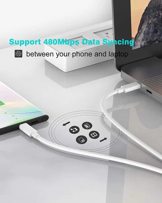 Alt view image 3 of 6 - 100W/5A USB C to C Charging Cable Cord Compatible with MacBook Pro 16 15 13 inch New Air 2020/2019/2018 USBC iPad Pro 12.9/11 Pixel 2/3/4 XL S20/S10/S9 PD USB C Charger USB-IF Certified 6.6ft