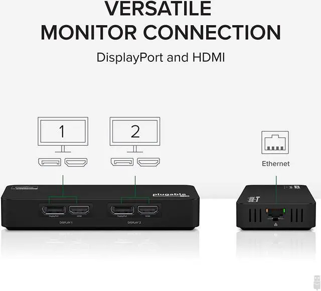 Alt view image 3 of 7 - Plugable 4K DisplayPort and HDMI Dual Monitor Adapter with Ethernet for USB 3.0 and USB-C Compatible with Windows