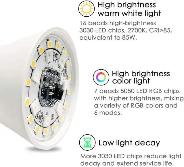 Alt view image 5 of 7 - Yangcsl LED Light Bulbs 85W Equivalent 1200lm RGB Color Changing Light Bulb 6 Moods - Memory - Sync - Dimmable A19 E26 Screw Base Timing Remote Control Included (Pack of 4)