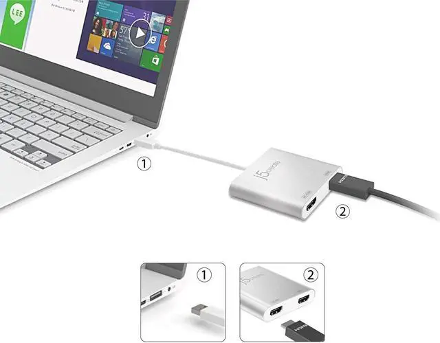 Alt view image 4 of 4 - j5create USB to HDMI Adapter - Dual HDMI USB 3.0 Multi-Monitor Cable | 4K Ultra HD | Compatible with Microsoft 7 8.1 10 / Mac OS X v10.6 and Above
