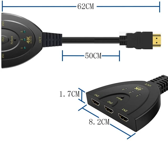 Alt view image 3 of 5 - 4K HDMI Switch 3 in 1 OutAnbear 3 Port HDMI Switch 3x1 Switch Splitter with Pigtail Cable Supports Full HD 4K@30HZ 1080P DVD 3D Player