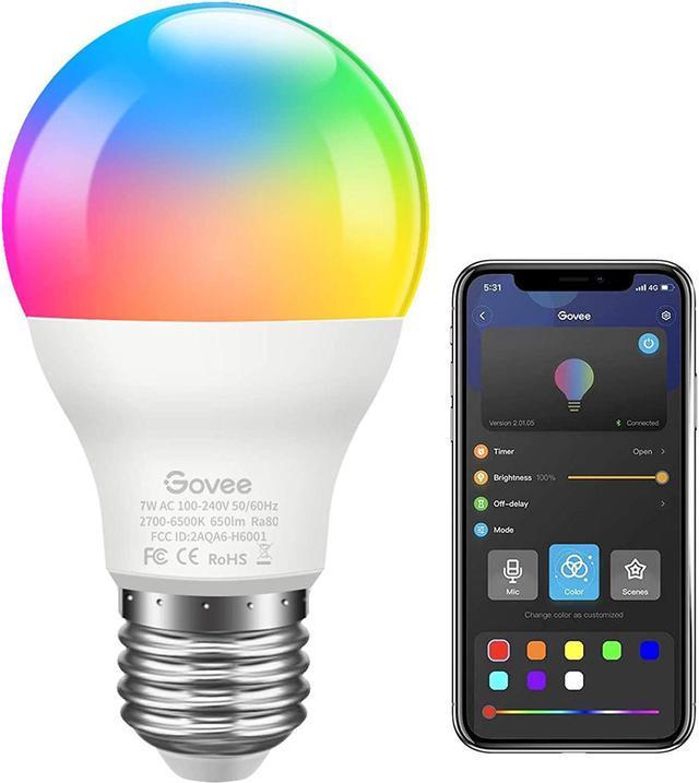 Govee LED Light Bulb Dimmable Music Sync RGB Color Changing Light Bulb A19  7W 60W Equivalent Multicolor Decorative No Hub Required LED Bulb with APP  for Party Home (Dont Support WiFi/Alexa) 