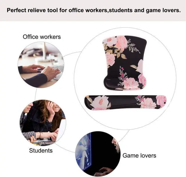 Alt view image 6 of 7 - MOSISO Wrist Rest Support for Mouse Pad & Keyboard Set, Peony Ergonomic Mousepad Non-Slip Base Home/Office Pain Relief & Easy Typing Cushion with Neoprene Cloth & Raised Memory Foam, Black