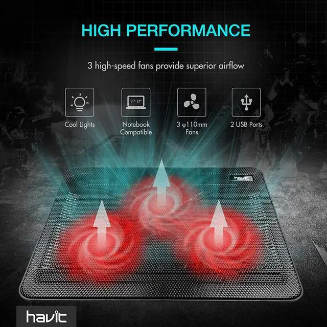 Alt view image 7 of 7 - Havit HV-F2056 15.6-17 Inch Laptop Cooler Cooling Pad - Slim Portable USB Powered (3 Fans) (Black+Red)