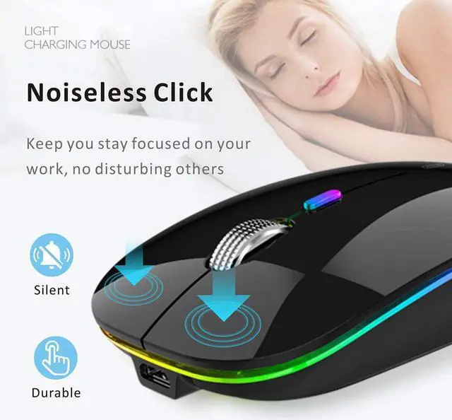 Alt view image 3 of 7 - Uiosmuph LED Wireless Silent Mouse, G12 Slim Rechargeable, 2.4G Portable Optical Computer Mice with USB Receiver and Type C Adapter (Black)