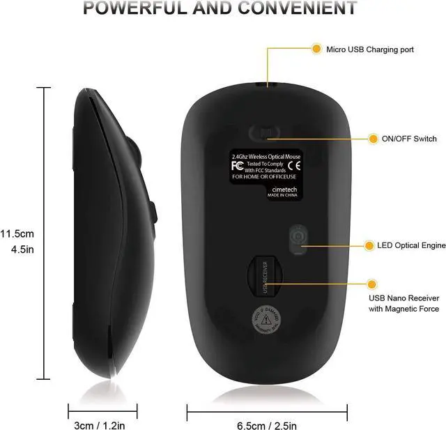 Alt view image 6 of 7 - Rechargeable Wireless Mouse for Laptop, cimetech 2.4G Computer Mouse Cordless Optical Mice, Slim Quiet Wireless Mouse with USB Nano Receiver, 5 Adjustable DPI 2400/2000/1600/1200/800 (Black)