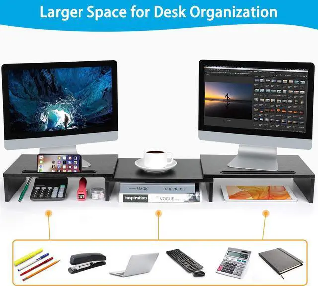 Alt view image 3 of 7 - Dual Monitor Stand - Monitor Stand Riser Adjustable Computer Stand w/Slot for Tablet & CellphoneScreen Stand w/Big Storage Double Monitor Riser for PC Computer Laptop C LEMS02