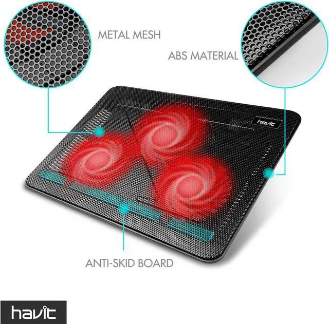 Alt view image 4 of 7 - Havit HV-F2056 15.6-17 Inch Laptop Cooler Cooling Pad - Slim Portable USB Powered (3 Fans) (Black+Red)