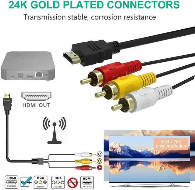 Alt view image 3 of 7 - HDMI to RCA Cable 1080P 5ft/1.5m HDMI Male to 3-RCA Video Audio AV Cable Connector Adapter Transmitter for TV HDTV DVD