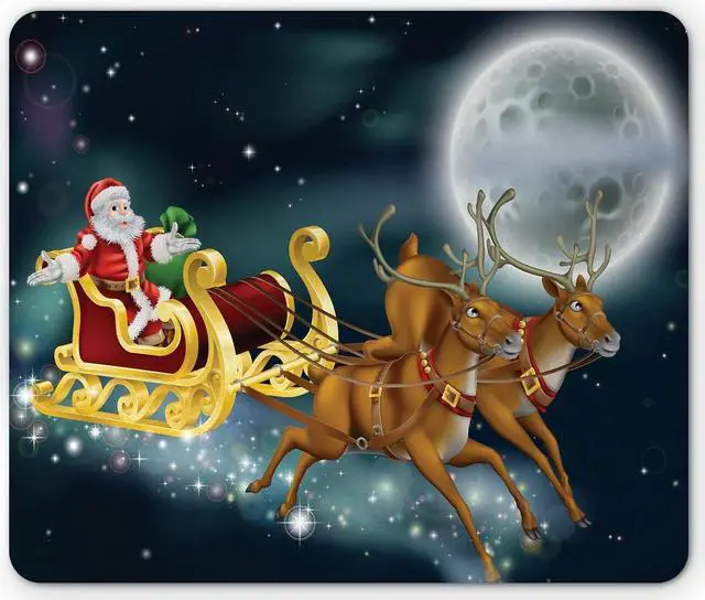 Main image of Christmas Mouse Pad Santa Claus with Reindeer in Sledge Dark Starry Night with Moon Fantasy Rectangle Non-Slip Rubber Mousepad Standard Size Space Blue
