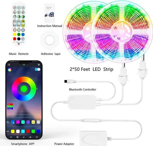 Alt view image 7 of 7 - 100 FT LED Strip Lights LED Lights for Bedroom 100 ft with Remote + Bluetooth APP Phone Controlled Color Changing Long Smart LED Light Strip (2 Rolls of 50ft RGB LED Strip Lights)--Sync with Music