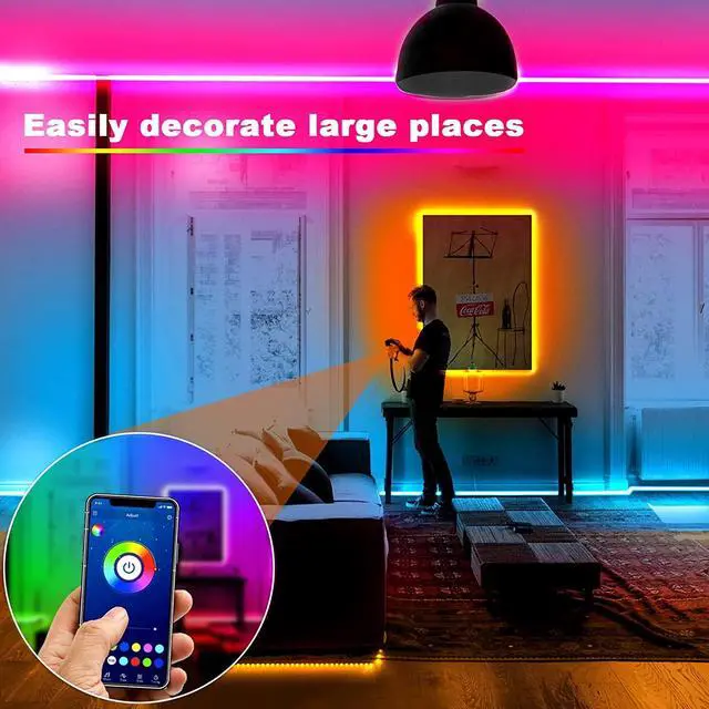 Alt view image 7 of 7 - Led Lights for Bedroom 32.8ft Dalattin 1 Roll Smart RGB Led Strip Lights Sync to Music Color Changing Dorm Lights 5050 with App Control Remote for Room Kitchen Party