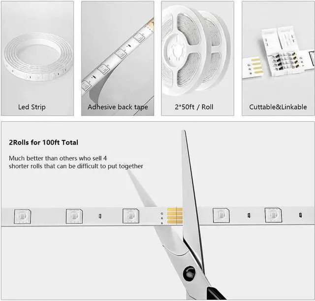 Alt view image 2 of 7 - 100 FT LED Strip Lights LED Lights for Bedroom 100 ft with Remote + Bluetooth APP Phone Controlled Color Changing Long Smart LED Light Strip (2 Rolls of 50ft RGB LED Strip Lights)--Sync with Music