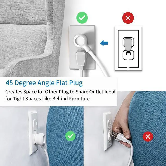 Alt view image 5 of 7 - Extension Cord 25ft, NTONPOWER Power Strip with Long Extension Cord, 3 Outlet 2 USB Compact Desktop Charging Station Wall Mount for TV Living Room, Dorm, Office and Nightstand - White