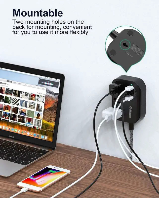 Alt view image 3 of 6 - Power Strip with USB, Mountable Flat Plug Power Strip with 3 Outlets 3 USB Ports(Smart 3.1A), 5ft Braided Extension Cord, Compact for Cruise Ship, Travel, Home, Office