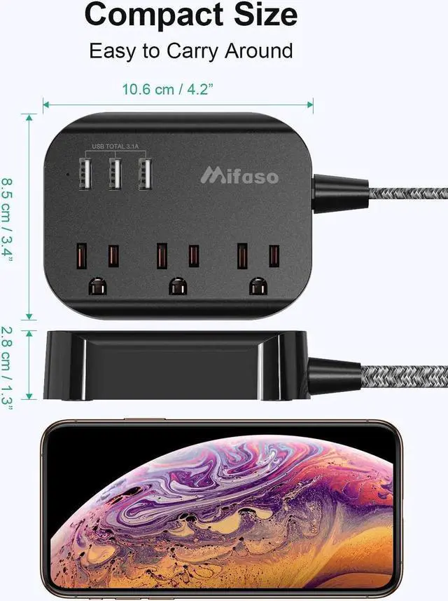 Alt view image 5 of 6 - Power Strip with USB, Mountable Flat Plug Power Strip with 3 Outlets 3 USB Ports(Smart 3.1A), 5ft Braided Extension Cord, Compact for Cruise Ship, Travel, Home, Office
