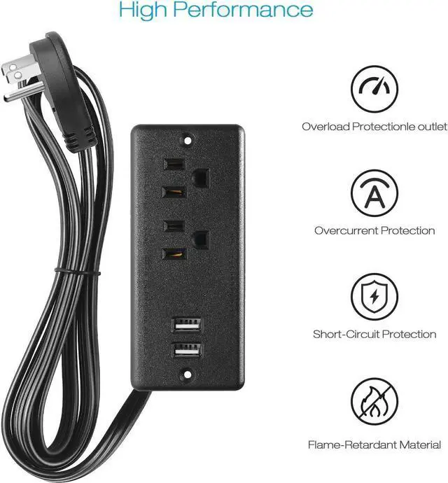 Alt view image 4 of 7 - Recessed Power Strip Flat Plug, Desk Outlet with USB, ETL Listed Conference Outlet Socket with 2 AC Plugs, 2 USB Ports Connect with 6ft Power Cord for Furniture, Home, Office(Black)
