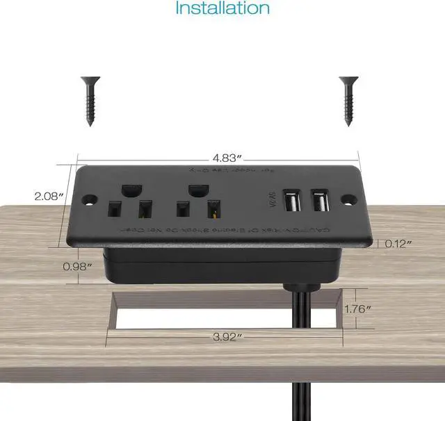 Alt view image 5 of 7 - Recessed Power Strip Flat Plug, Desk Outlet with USB, ETL Listed Conference Outlet Socket with 2 AC Plugs, 2 USB Ports Connect with 6ft Power Cord for Furniture, Home, Office(Black)