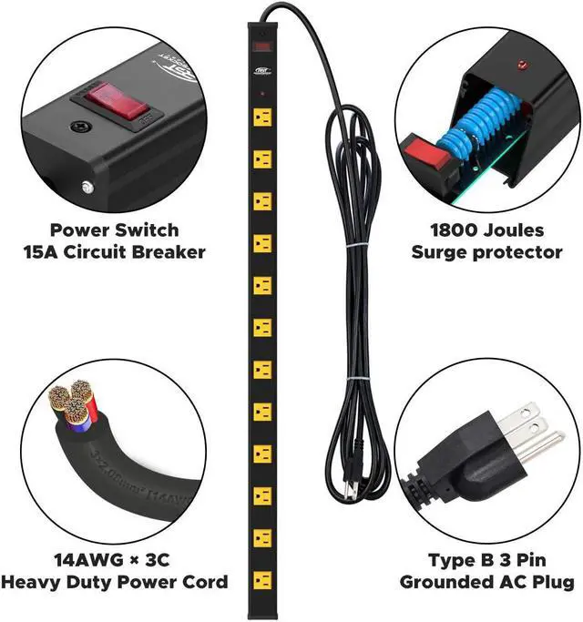 Alt view image 4 of 7 - CRST Heavy Duty Surge Protector Power Strip Wide Spaced 12-Outlet 15 Feet Long Extension Cord with Mounting Brackets 15A Circuit Breaker 1800 Joules