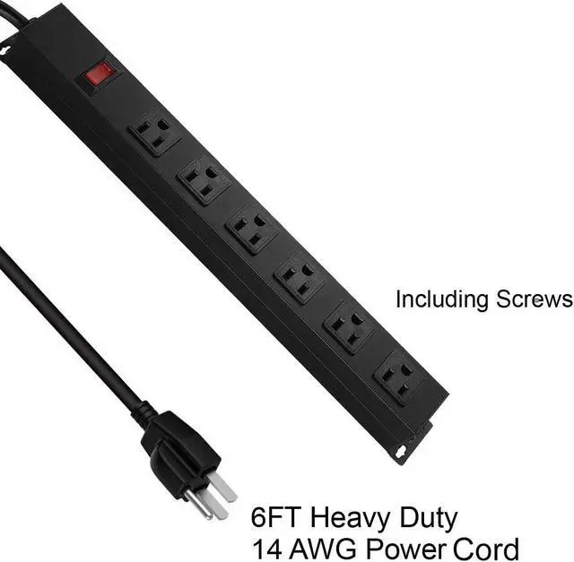 Alt view image 4 of 7 - Metal Wall Mount Power Strip, Mountable Power Outlet with 6 AC Outlets, Aluminum Alloy Mount Power Socket with Switch, 6 FT SJT 3/C 14AWG Power Cord, 15A 125V 1875W (6AC) Black