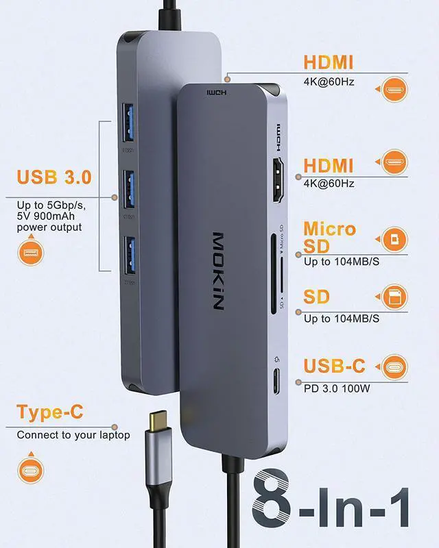 Alt view image 2 of 7 - USB C to Dual HDMI Adapter, USB C Docking Station Dual Monitors for Windows,USB C Adapter with Dual HDMI,3 USB Port,SD/TF, PD Port Compatible for Dell XPS 13/15, Lenovo Yoga,etc