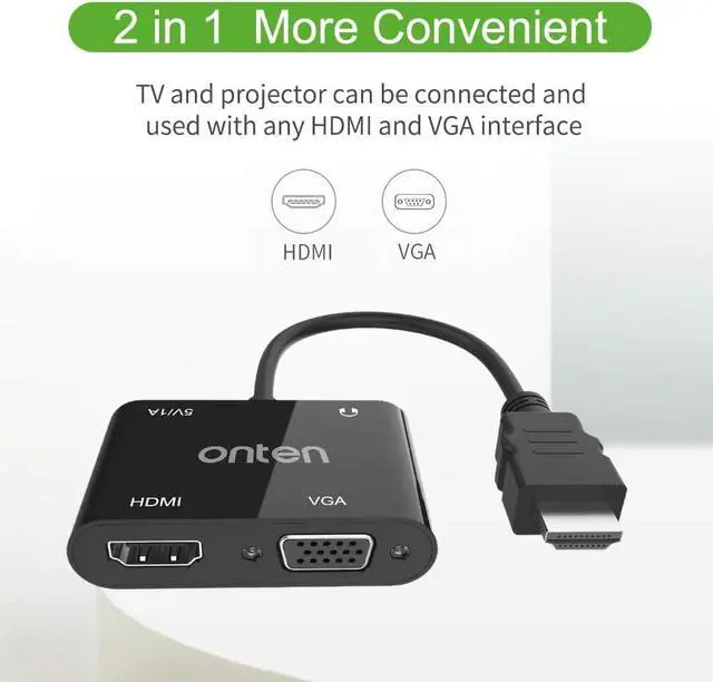 Alt view image 3 of 6 - ONTEN HDMI to VGA HDMI Adapter, HDMI Splitter 1 HDMI in VGA HDMI 2 Out , HDMI to HDMI VGA Adapter for Computer, Desktop, Laptop, PC, MonitorPower Supply