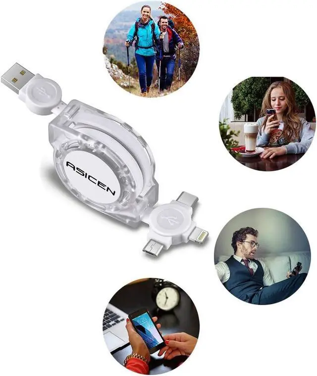 Alt view image 7 of 7 - 2-Pack ASICEN Retractable Multiple 3A Fast Charging Cable Multi Charger Cord 3.3ft/1m 3 in 1 USB Charge Cord with Phone/Type C/Micro USB Connector for Phone/Galaxy s9/S8/S7/Hawei and More (White)