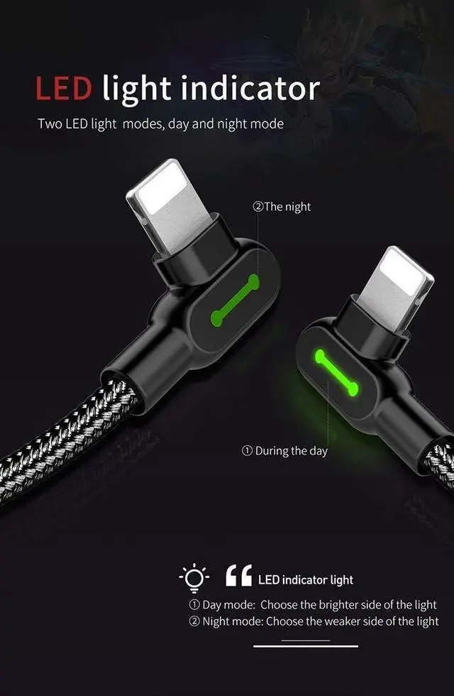 Main image of mcdodo USB 90 Degree Right Angle Elbow Design Game LEDCable Nylon Braided Sync ChargeDouble Size USB Data 6FT/1.8M Cable Compatible with iPhone 14/13/12/11 Pro Max (Black 6FT (iPhone))