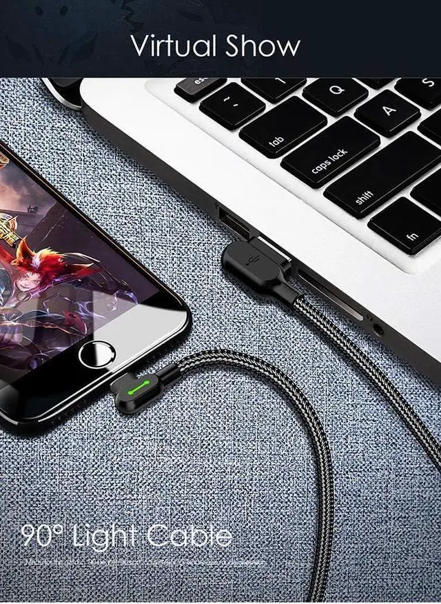 Alt view image 6 of 6 - mcdodo USB 90 Degree Right Angle Elbow Design Game LEDCable Nylon Braided Sync ChargeDouble Size USB Data 6FT/1.8M Cable Compatible with iPhone 14/13/12/11 Pro Max (Black 6FT (iPhone))