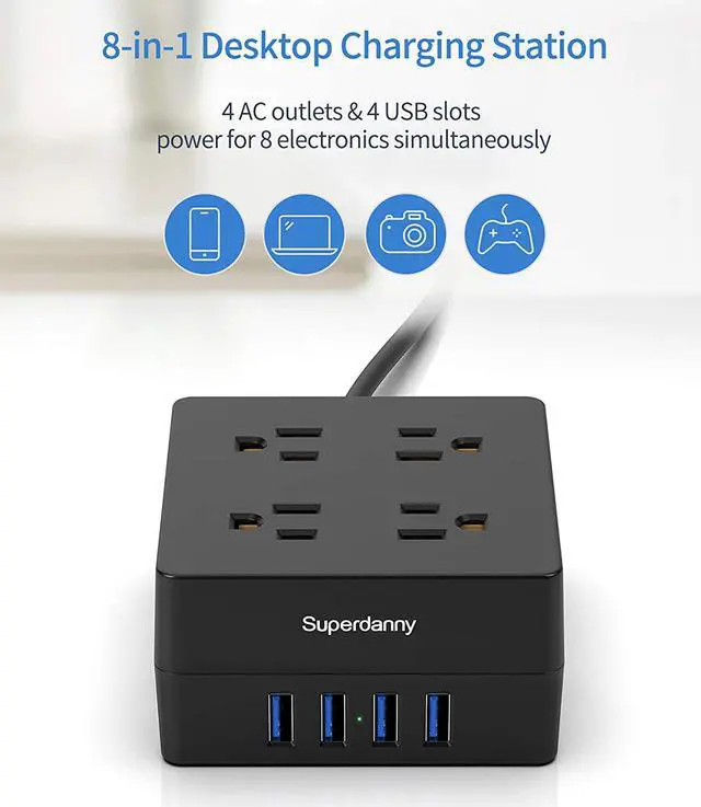 Alt view image 2 of 14 - Power Strip Surge Protector - Xiaogan 5 Ft Extension Cord with 4 Outlets & 4 USBs, 900 Joules, Overload Switch, Grounded, Mountable, Desktop Charging Station for Home, Office, Hotel, Dorm, Black
