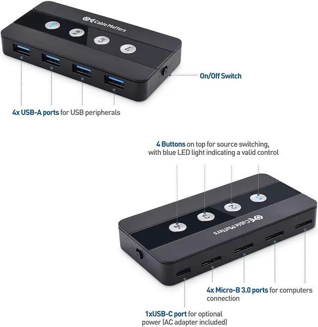 Alt view image 2 of 7 - Cable Matters 4 Port USB 3.0 Switch Hub USB Sharing Switch for 4 Computers and USB Peripherals - Button or Wireless Remote Control Swapping - Includes USB-C Adapter for USB-C and Thunderbolt 3