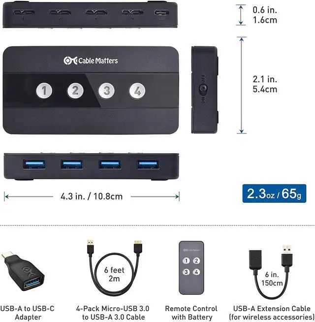 Alt view image 6 of 7 - Cable Matters 4 Port USB 3.0 Switch Hub USB Sharing Switch for 4 Computers and USB Peripherals - Button or Wireless Remote Control Swapping - Includes USB-C Adapter for USB-C and Thunderbolt 3