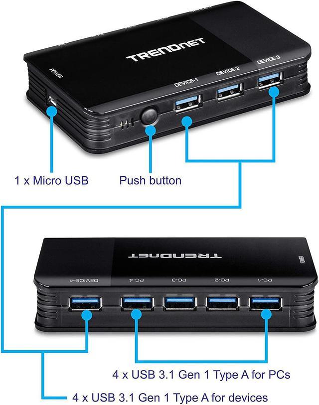 TRENDnet 4-Port USB 3.1 Sharing Switch, TK-U404, 4 x USB 3.1 for Computers,  4 x USB 3.1 for Devices, Flash Drive Sharing, Scanners, Printers, Mouse