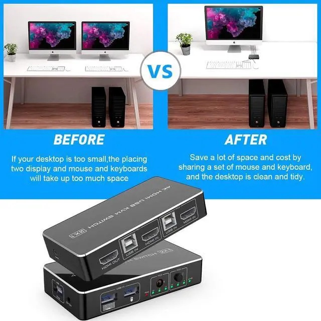 Alt view image 6 of 7 - KVM Switch HDMI 2 Port Box Rocketek 2 USB 2.0 Hub Share 2 Computers to One HD Monitor 4K@30Hz KVM Switcher Adapter USB Switch Support Wireless Keyboard and Mouse Connections with 2 USB Cable