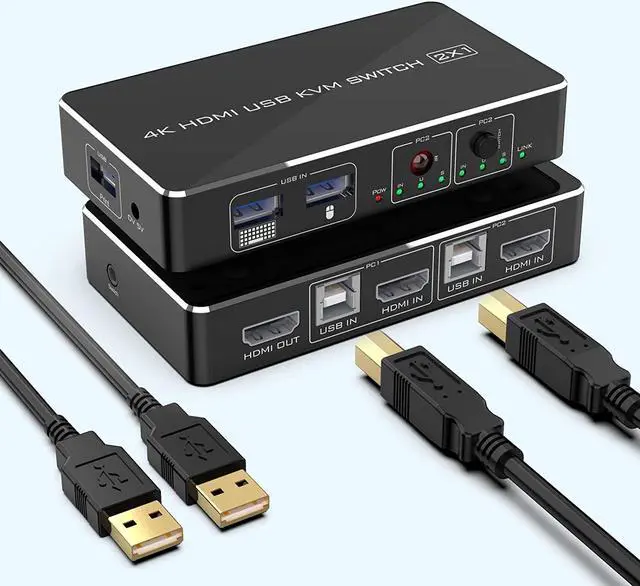 Main image of KVM Switch HDMI 2 Port Box Rocketek 2 USB 2.0 Hub Share 2 Computers to One HD Monitor 4K@30Hz KVM Switcher Adapter USB Switch Support Wireless Keyboard and Mouse Connections with 2 USB Cable