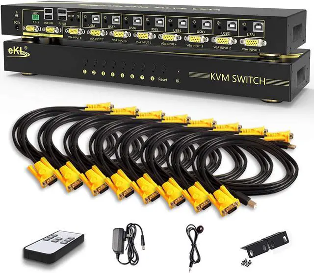Main image of eKL VGA KVM Auto Switch 8 Port in 2 Out Switcher 8x2 Supports HotkeyAudioBasic Wireless Keyboard and Mouse USB 2.0 Devices Sharing 8 Computers with Remote Control