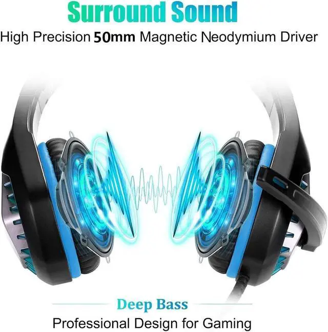 Alt view image 4 of 6 - Headsets for Xbox One, PS4, PC, Nintendo Switch, Mac, Gaming Headset with Stereo Surround Sound, Over Ear Gaming Headphones with Noise Canceling Mic, LED Light(Headsets Black Blue)