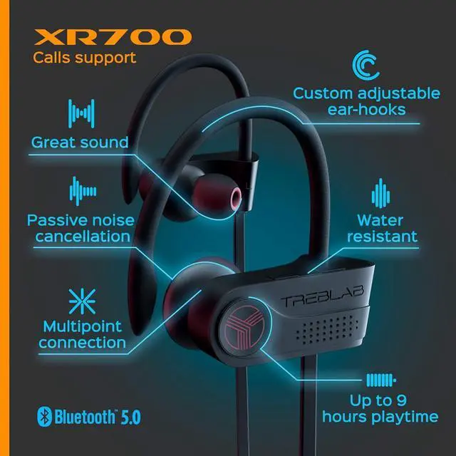 Alt view image 5 of 7 - TREBLAB XR700 PRO Wireless Running Earbuds - Top 2019 Sports Headphones, Custom Adjustable Earhooks, Bluetooth 5.0 IPX7 Waterproof, Rugged Workout Earphones, Noise Cancelling Microphone In-Ear Headset