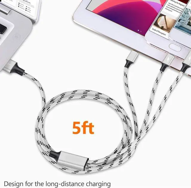 Alt view image 2 of 7 - Multi Charging Cable 5ft 3Pack Multi Charger Cable Nylon Braided Multiple USB Cable Universal 3 in 1 Charging Cord Adapter with Type-C Micro USB Port Connectors for Cell Phones and More