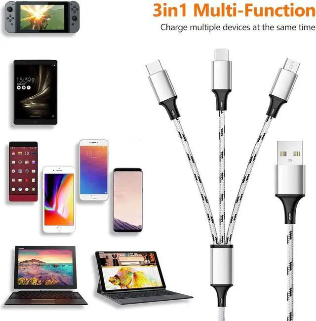 Alt view image 4 of 7 - Multi Charging Cable 5ft 3Pack Multi Charger Cable Nylon Braided Multiple USB Cable Universal 3 in 1 Charging Cord Adapter with Type-C Micro USB Port Connectors for Cell Phones and More