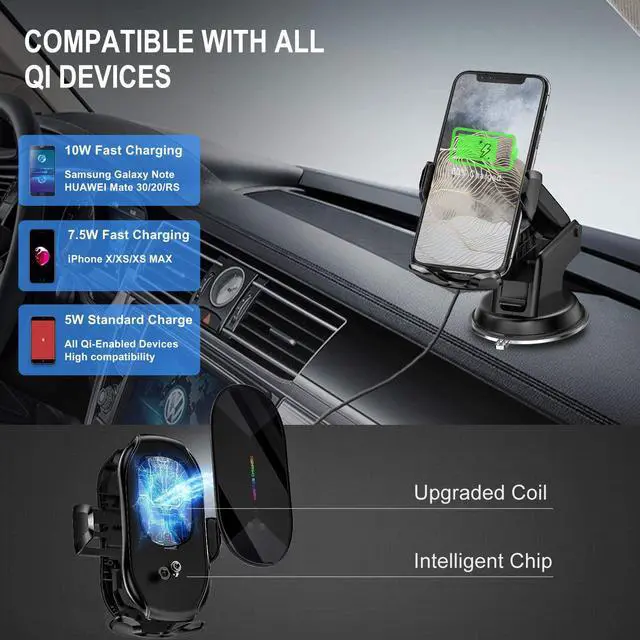 Alt view image 2 of 7 - Wireless Car Charger,15W Qi Fast Charging Auto-Clamping Air Vent Windshield Dashboard Car Phone Mount,Long Arm Suction Cup Holder for iPhone Samsung LG