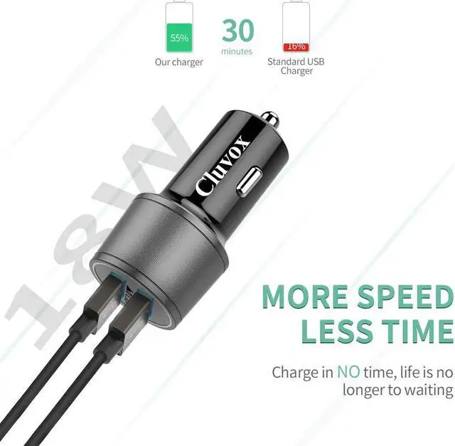Alt view image 3 of 7 - Rapid USB C Car Charger Compatible for  Galaxy S25 Plus/Ultra/S24/S23/S22/S21/Note 20/10/9/8/S20/S10+/S10e/S9/S8/A50/A70 Quick Charge 3.0 Dual USB 18W Fast Car Charger+ Type C Cable 3.3ft