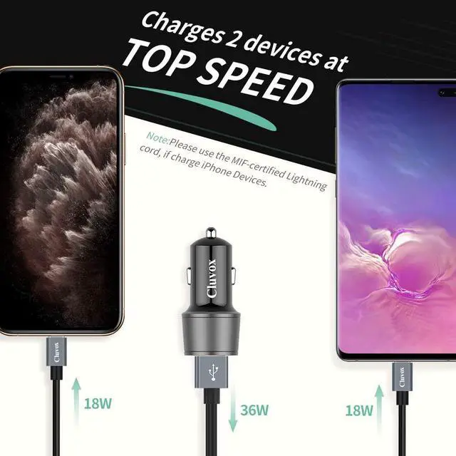 Alt view image 2 of 7 - Rapid USB C Car Charger Compatible for  Galaxy S25 Plus/Ultra/S24/S23/S22/S21/Note 20/10/9/8/S20/S10+/S10e/S9/S8/A50/A70 Quick Charge 3.0 Dual USB 18W Fast Car Charger+ Type C Cable 3.3ft