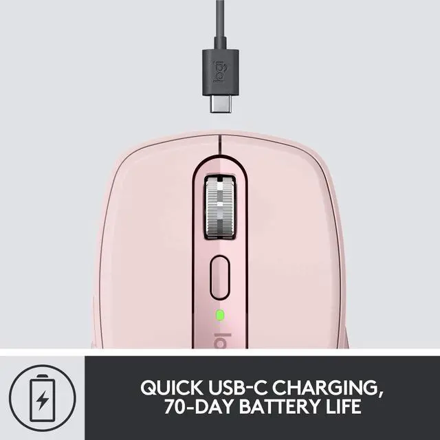 Alt view image 4 of 7 - MX Anywhere 3 Compact Performance Mouse Wireless Comfort Fast Scrolling Any Surface Portable 4000DPI Customizable Buttons USB-C Bluetooth - Rose