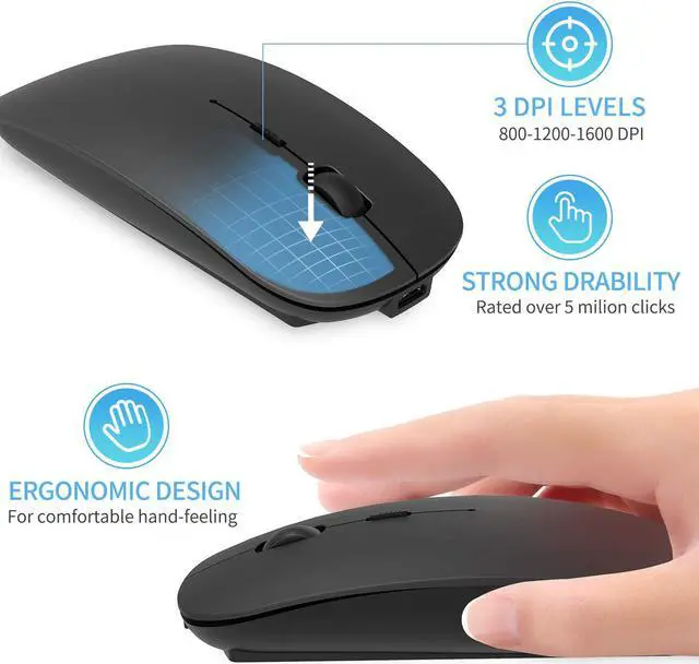 Alt view image 5 of 7 - Wireless Mouse,Slim 2.4G Noiseless Mouse with USB Nano Receiver,Rechargeable Wireless Mouse for Laptop,PC,Computer,Notebook (Black)