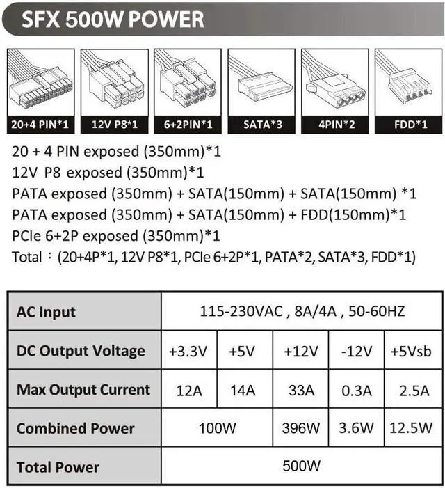 Alt view image 5 of 6 - APEVIA SFX-AP500W Mini ITX Solution/Micro ATX/SFX 500W Power Supply