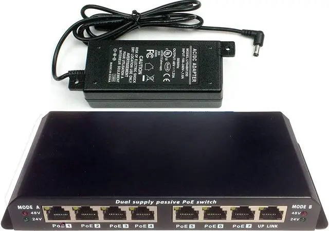 Main image of PoE Texas POES-8-7-48v60w | 8 Port Ethernet Switch with Passive PoE on 7 Ports - Power Over Ethernet for 802.3af | Includes 48 Volt 60 Watt Power Supply
