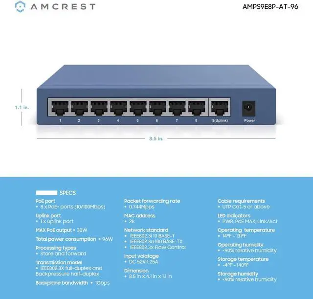 Alt view image 4 of 4 - Amcrest 9-Port POE+ Power Over Ethernet POE Switch with Metal Housing 8-Ports POE+ 802.3at 96w (AMPS9E8P-AT-96)