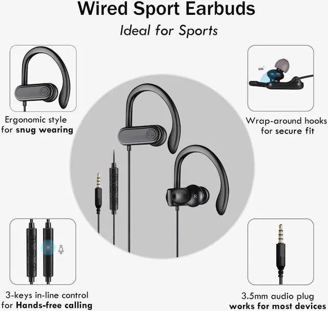 Alt view image 2 of 6 - Sport Headphones with Microphone Running Earbuds with Wrap-Around Ear Hooks Ideal for for Workout Gym Exercise Wired Earphones with 3.5mm Plug Compatible with Smartphone Tablet PC CGS-W3