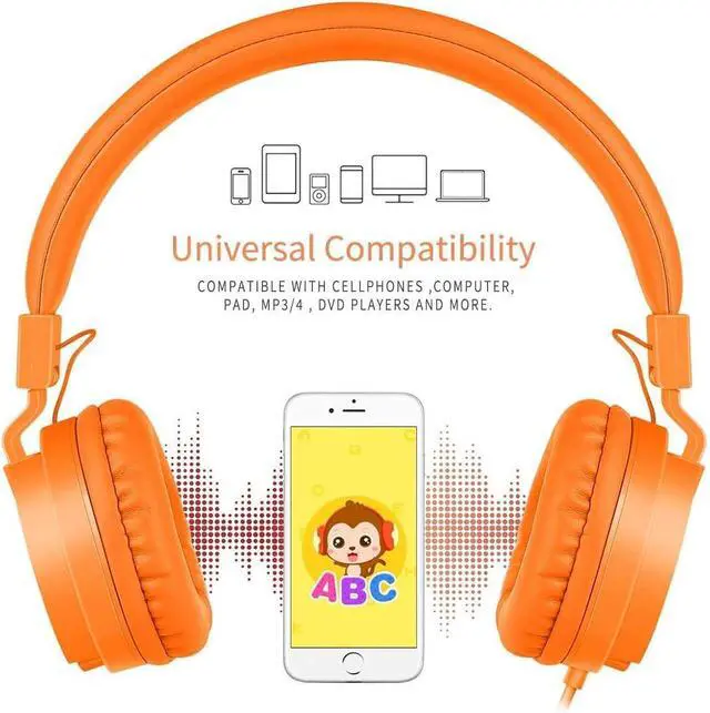 Alt view image 3 of 7 - Kids Headphones, Lightweight Stereo Wired Toddler HeadphonesAdjustable Headband Children's Headset for Smartphones Computer Pad Earphones(Orange)